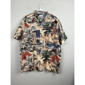 KaraKu Mens Hawaiian‎ Shirt Size L Beige Multicolor Tropical Floral Sailing NWT
